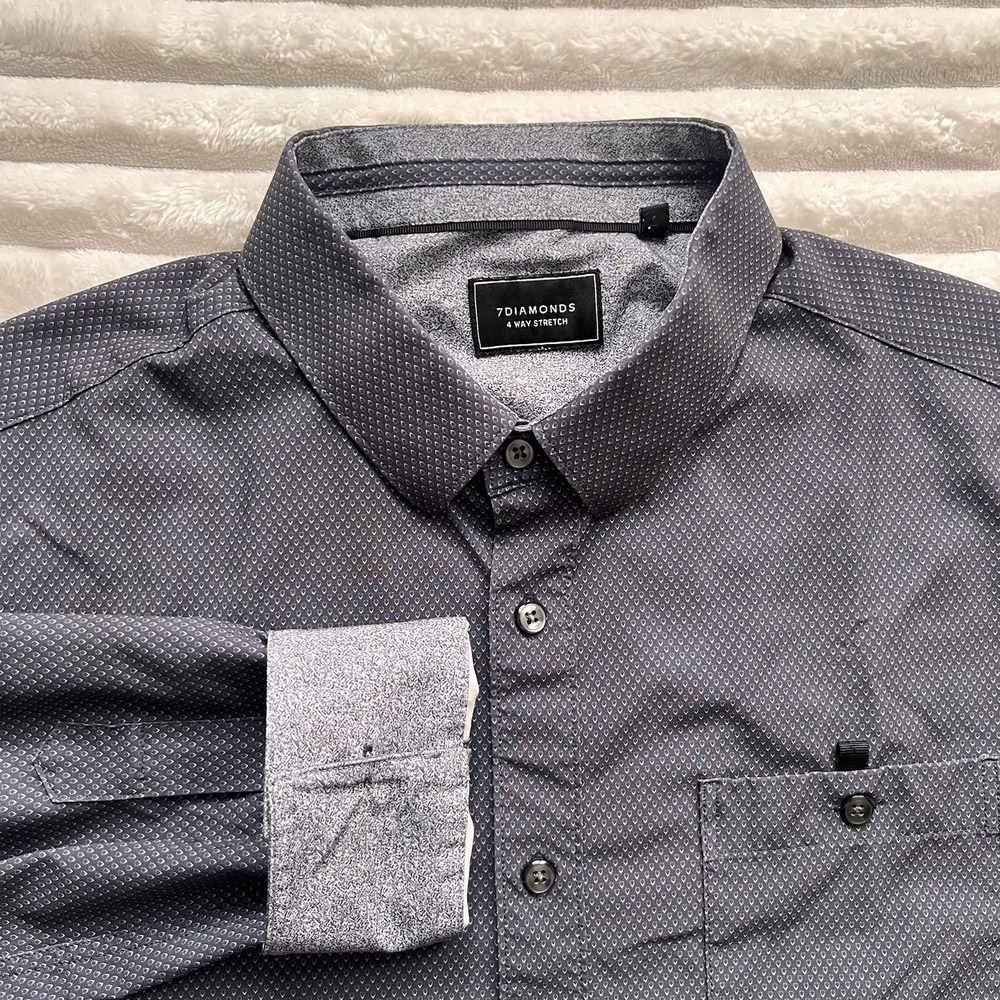 7Diamonds Button Down Mens M Gray Geometric 4 Way Stretch Casual Modern Work